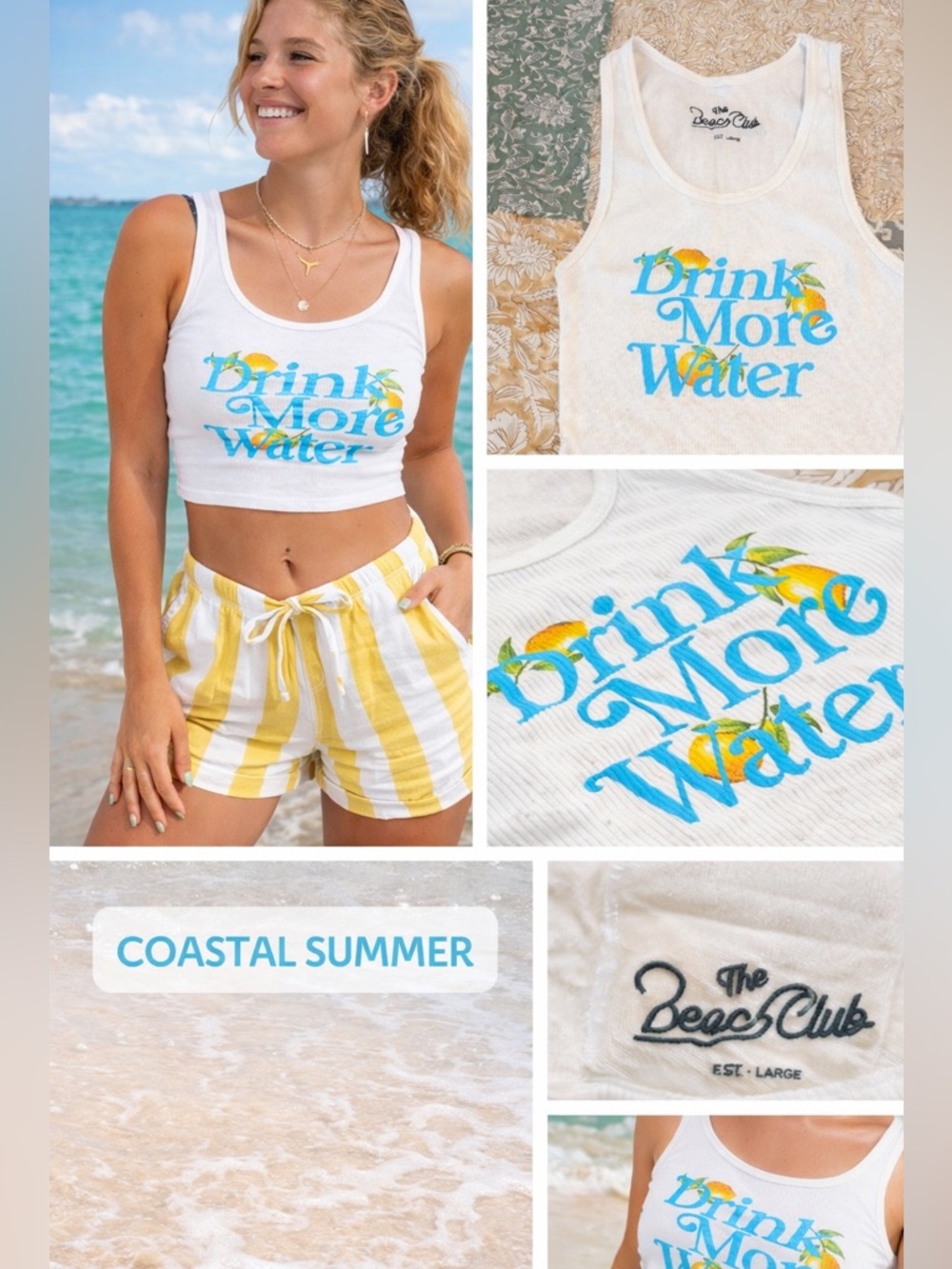 The Beach Club Drink More Water White Ribbed Crop Tank Top Lemon Coastal Summer
